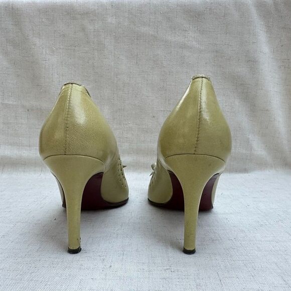 ANN TAYLOR Pistachio Green Leather Scallop Bow Pumps Stiletto Heels 5 Italy Made - Picture 7 of 16